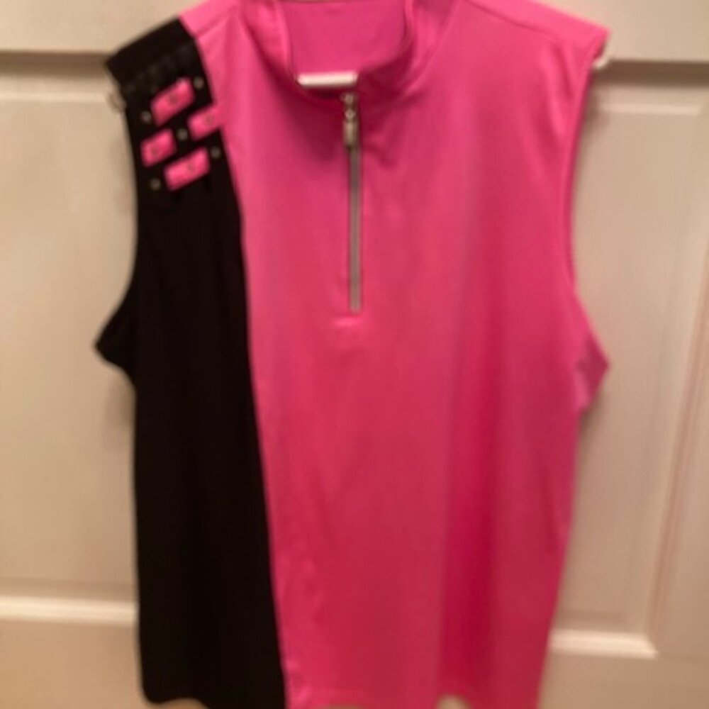 Jamie Sadock XXL  Sleeveless Shirt Pink and Black 1/4 Zip collar Poly Blend EUC